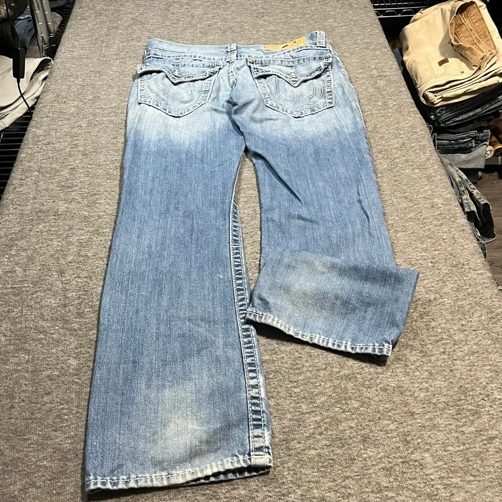 True Religion Mens Section Straight Light Wash Contrast Stitch Jeans 30x34